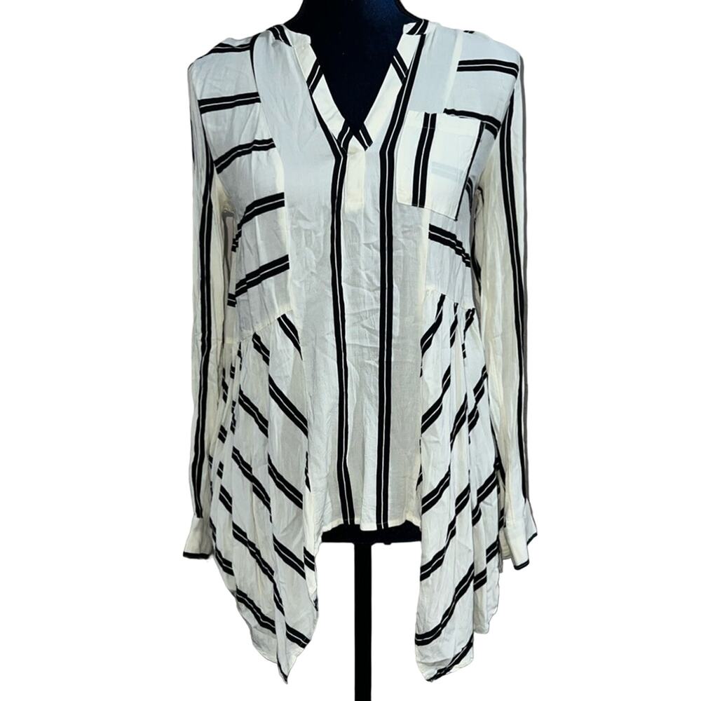 Maeve Popover Tunic Ivory Black Stripes Asymmetric Hem Long Sleeves size 2